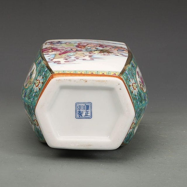 Mid 20th Century Mid 20th Century Famille Rose Hexagonal Porcelain Vase, Chinese Enameled Figural Scene Vase For Sale - Image 5 of 9