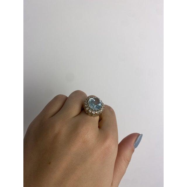 Metal 10ctw Oval Aquamarine Diamond Ring, 14k White Gold, Ring Size 7.75 For Sale - Image 7 of 7