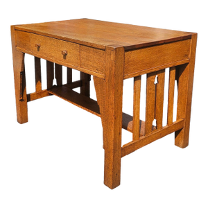 Antique Arts and Crafts Mission Oak Library Table With Arrow Accents