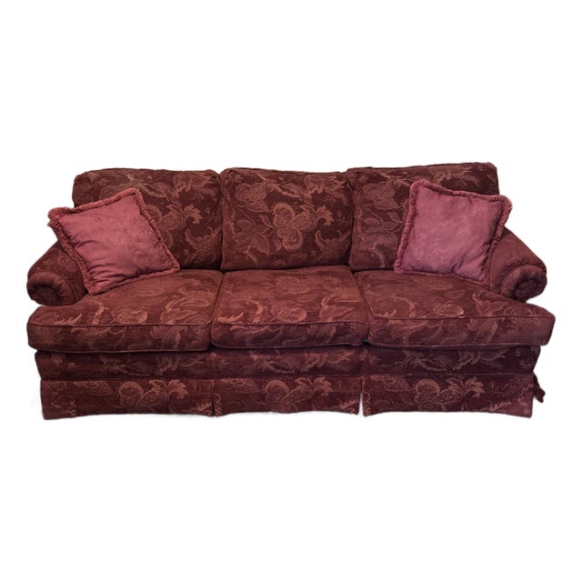 1990s Drexel Heritage Burgundy Damask Sofa For Sale