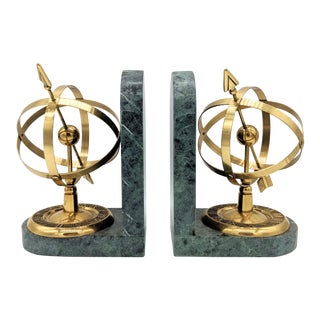 Vintage Mid Century Neoclassical Brass and Green Marble Armillary Sphere Bookends- a Pair For Sale