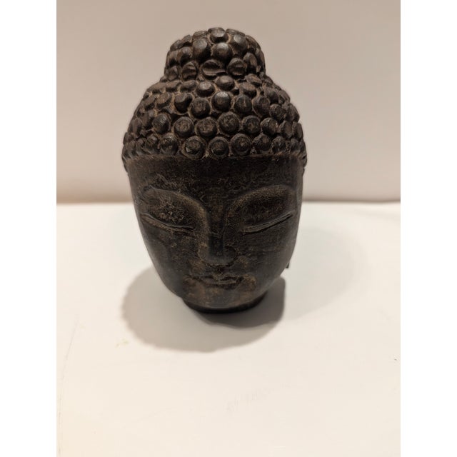 Stone Authentic Hand-Carved Black Stone Antique Buddha Head From Japan Circa 1900 For Sale - Image 7 of 11