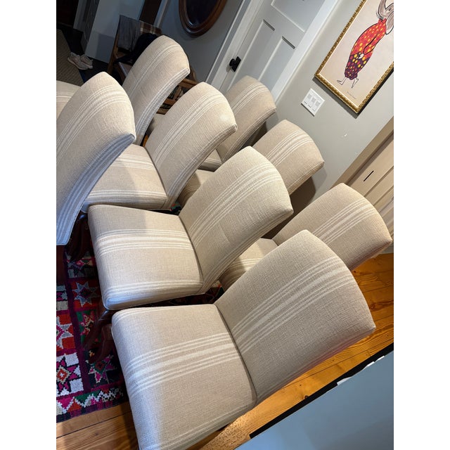 Classic French style attributed to Lee Industries furniture freshly upholstered dining chairs in French ticking heavy...