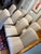 Classic French style attributed to Lee Industries furniture freshly upholstered dining chairs in French ticking heavy...