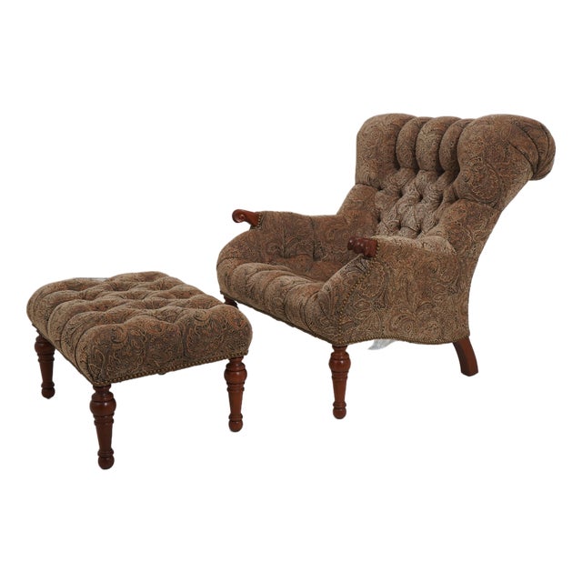 Stickley Tufted Upholstered Leopold Chair W. Ottoman For Sale
