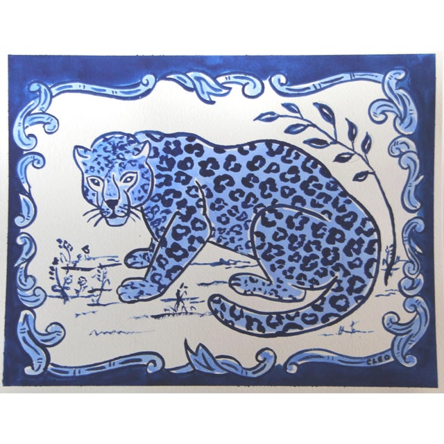 Rustic European Delft Blue and White Tiger Rusic European Classical Border Original Painting by Cleo Plowden For Sale - Image 3 of 4