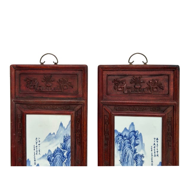 1980s Pair Chinese Blue White Landscape Porcelain Painting Wall Panels For Sale - Image 5 of 10