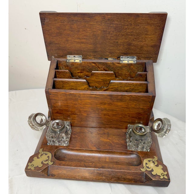 Bronze Antique 19th Century English Wood Oak Bronze Inkwell Desk Letter Writing Stand For Sale - Image 8 of 15