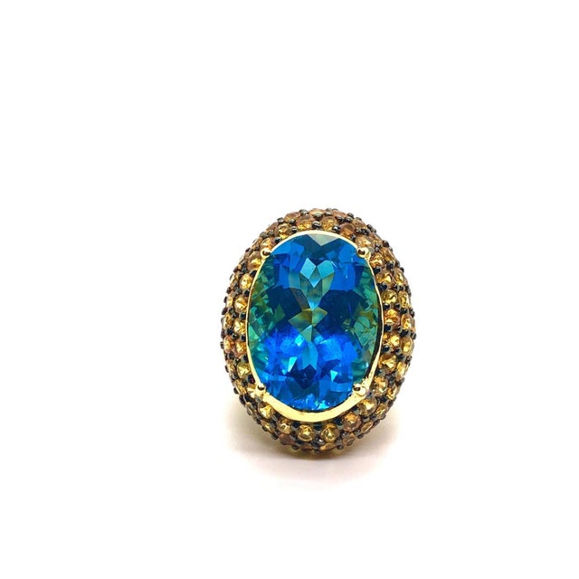 Gemstone Bochic “Orient” Vintage Yellow Sapphire & Blue Topaz Ring Set 18 K Gold & Silver For Sale - Image 7 of 14