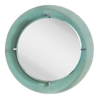 Italian Aqua Glass Round Wall Mirror Attributed to Cristal Arte, 1960s For Sale