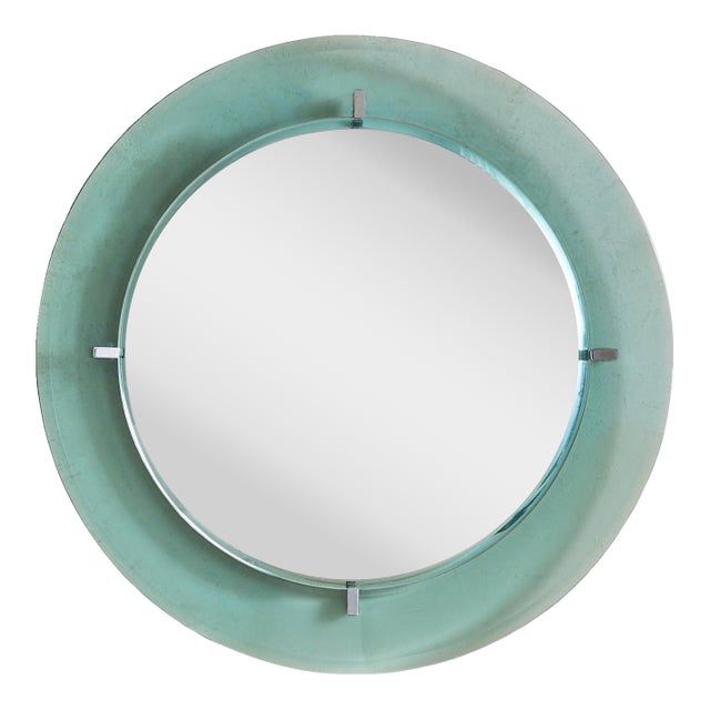 Italian Aqua Glass Round Wall Mirror Attributed to Cristal Arte, 1960s For Sale