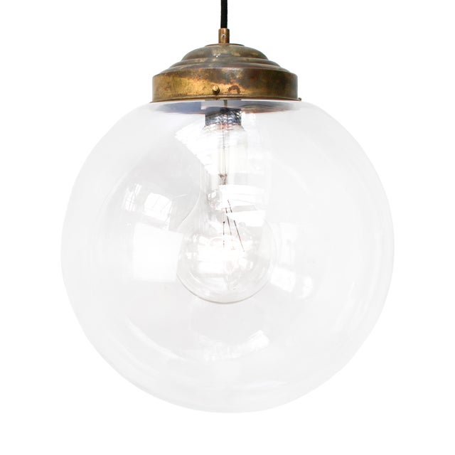 Large Vintage Clear Glass and Brass Globe Pendant Light For Sale