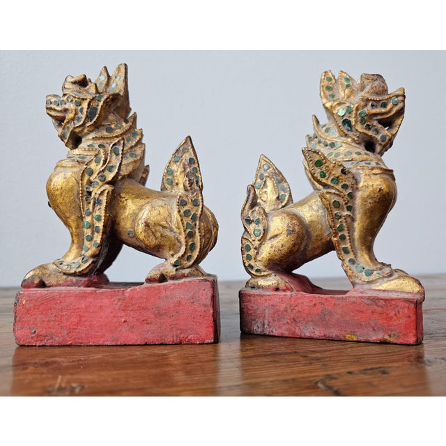 Antique Southeast Asian Burmese Glass Jewel Inlaid Qilin Foo Dog Lion Figure Carvings - a Pair For Sale - Image 4 of 12