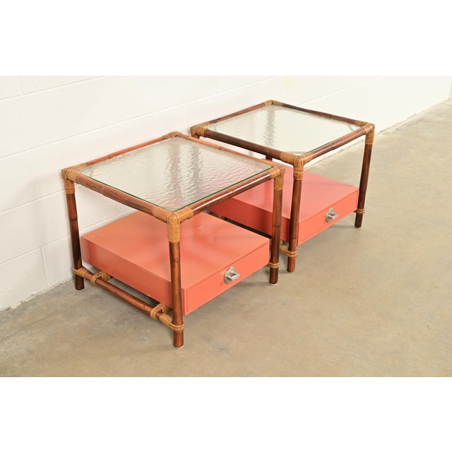 Ficks Reed John Wisner for Ficks Reed Mid-Century Hollywood Regency Bamboo Rattan Glass Top Side Tables, Pair For Sale - Image 4 of 11