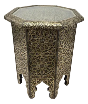 Moroccan Octagonal Traditional Metal Inlaid Side Table With Gold Finish