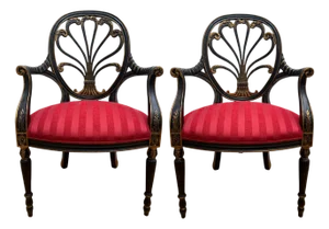 Mid-Century Hickory Chair Furniture Neoclassical/Regency Revival Black & Gilt Anthemion Armchairs- Set of 2