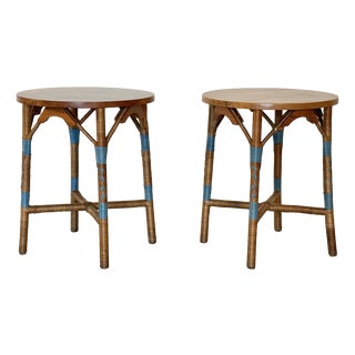 Round Wooden and Wicker Coffee Tables, 1970s, Set of 2 For Sale