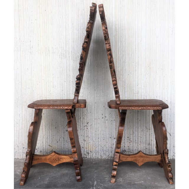 Renaissance 18th Century Italian Renaissance Lion Carved Walnut Sgabello Hall Chairs - a Pair For Sale - Image 3 of 9