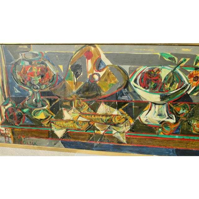 Oversized and flowing still-life by Patrix. circa 50s". A great span of vignettes across a table tableau. Fish in a bowl....