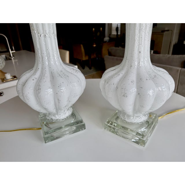 Pair Murano White and Silver Inclusions Glass Table Lamps For Sale - Image 14 of 16