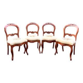 Antique Victorian Era Balloon Back Needlepoint Chairs - Set of 4 For Sale