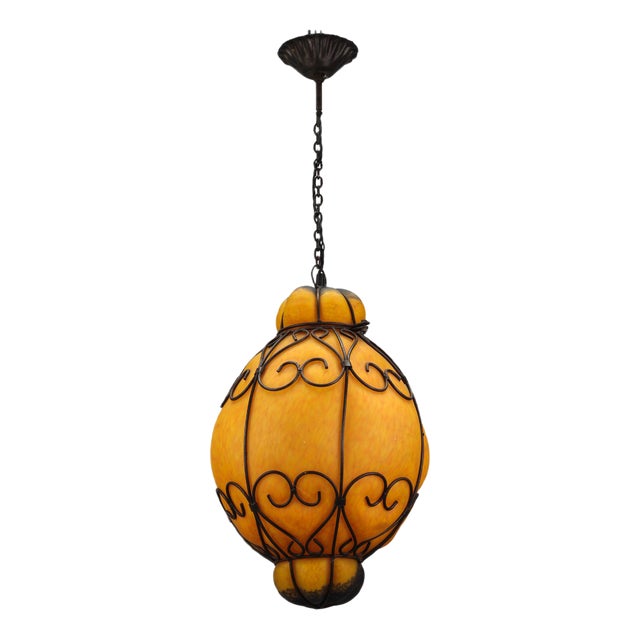 Venetian Style Pâte de Verre Glass Metal Caged Lantern Pendant Light For Sale