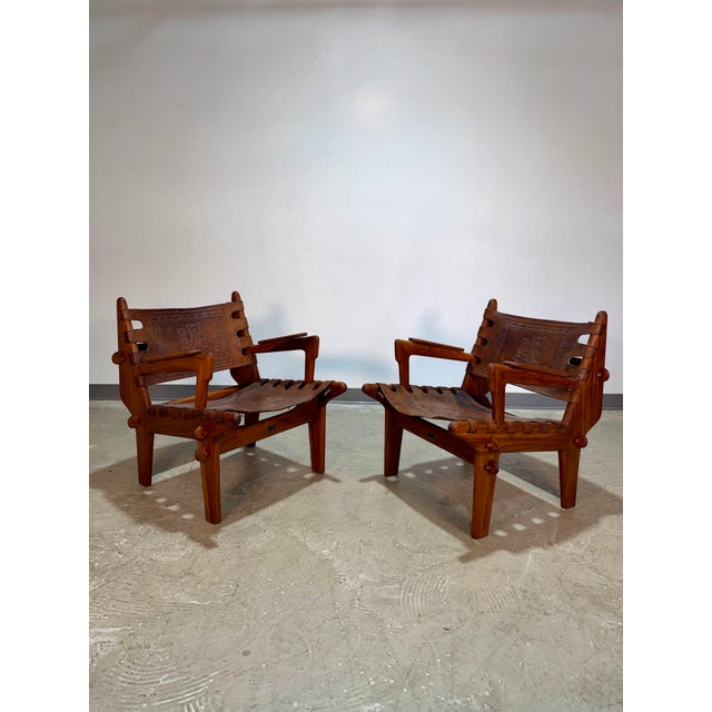 Mid-Century Modern 1960s Set of 2 Mid Century Angel Pazmino Hand Tooled Leather Sling Safari Chairs For Sale - Image 3 of 12