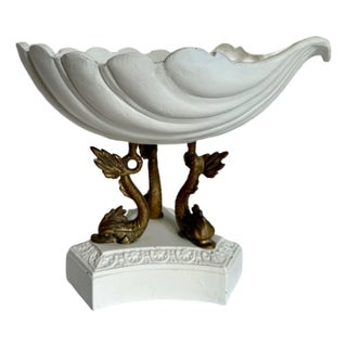 1960s Hollywood Regency Dolphin Pedestal Seashell Centerpiece Bowl For Sale