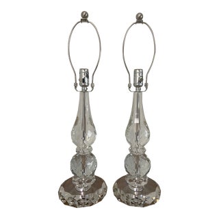 Ralph Lauren Heavy Faceted Crystal/Glass Tall Column Lamps, a Pair For Sale