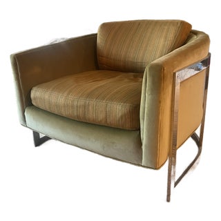 Attributed to Erwin-Lambeth Curved Chrome Lounge Chair — Mid-Century Modern, 1970s Velvet Upholstery For Sale