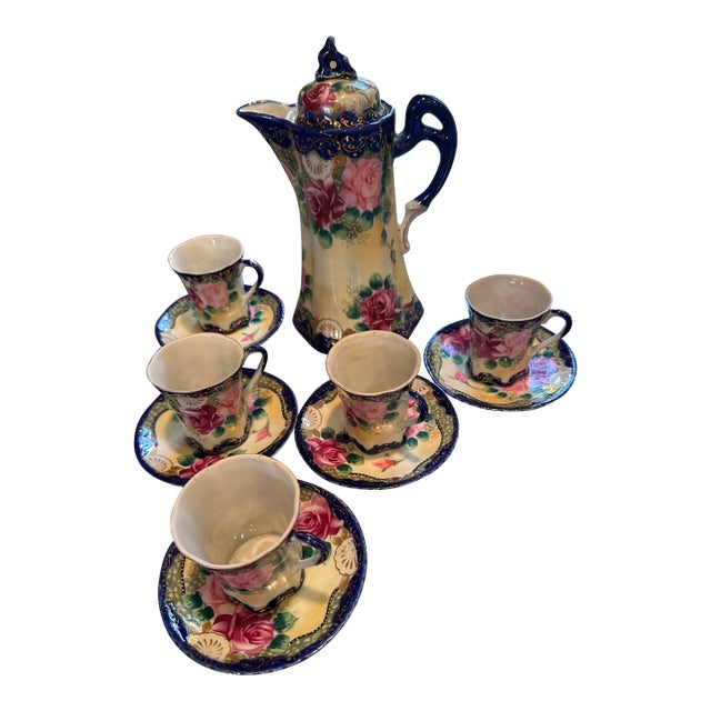 Late 19th Century Nippon Hand-Painted Porcelain Chocolate Pot Set With Cups and Saucers For Sale