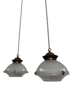 Vintage Copper Holophane Pendants, 1920s, Set of 2