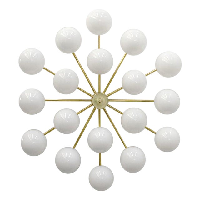 21st Century Natural Brass Glossy White Murano Globes Flush Mount by Fabio LTD For Sale
