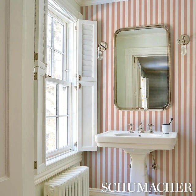 Schumacher Schumacher Emma Stripe Wallpaper In Coral For Sale - Image 4 of 4