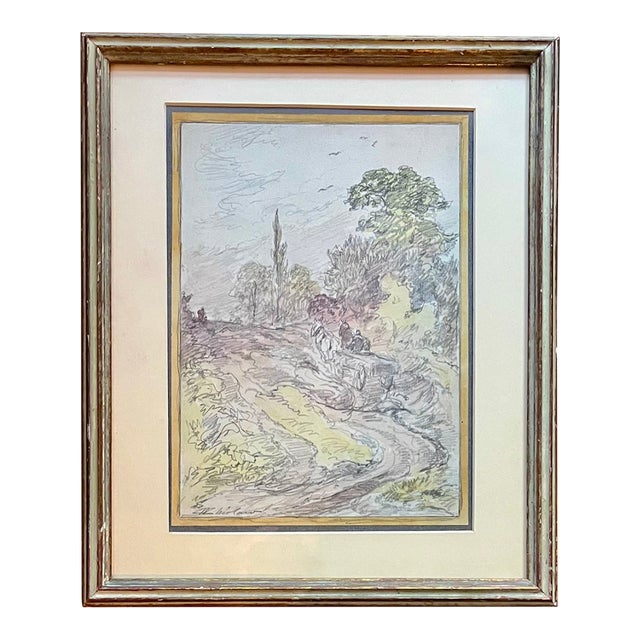Walter Shirlaw (Scottish-American 1838 – 1909) Antique 19th Century Mixed Media Watercolor Painting and Pencil Drawing of a Country Landscape For Sale