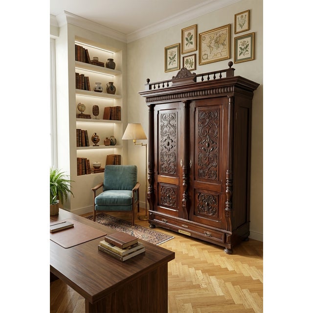 An exceptionally crafted, large antique-style wooden wardrobe featuring intricate hand-carved floral and scroll details on...