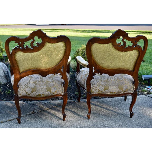 Pair Vtg. French Louis XV Style Carved Walnut Armchairs Gold Damask Chairs For Sale - Image 15 of 18