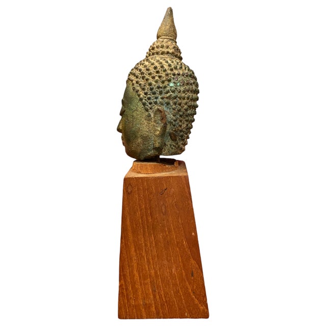 Metal Antique Thai Bronze Buddha Head Statue Ayutthaya Rattanakosin Style on Stand 8" For Sale - Image 7 of 12