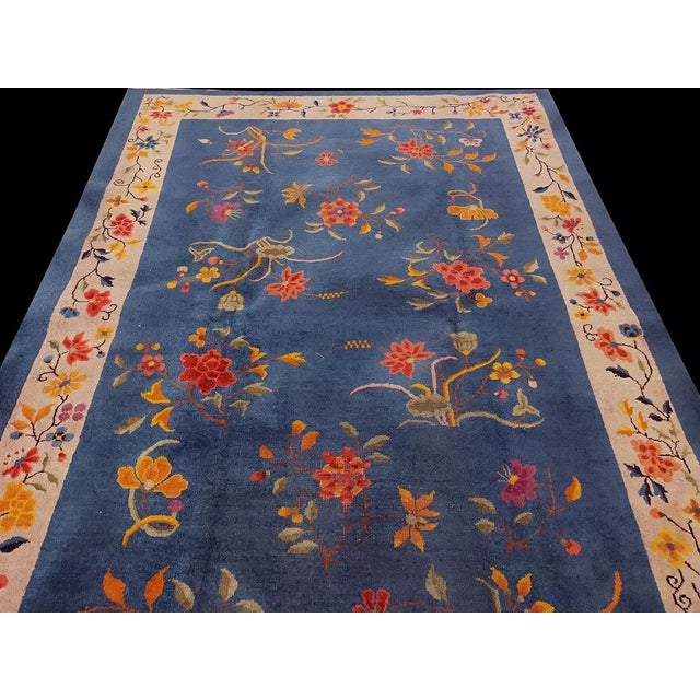 Art Deco 1920s Royal Blue Floral Antique Chinese Art Deco Rug 6'0" X 8'9" Knotted Wool Carpet For Sale - Image 3 of 9