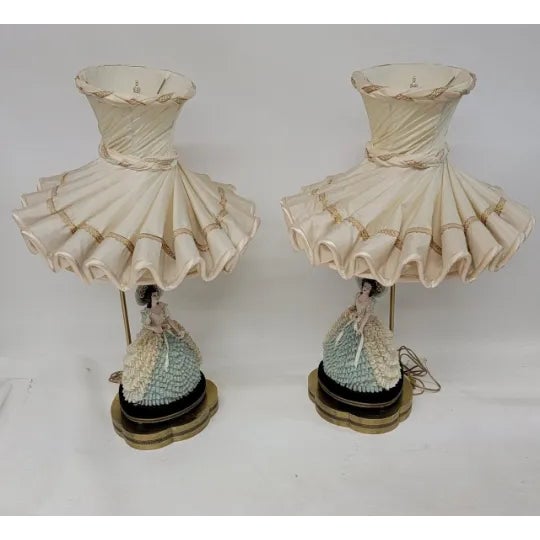 Early 20th Century Victorian Dresden Porcelain Lace Lady Boudoir Lamps - Pair For Sale - Image 11 of 11