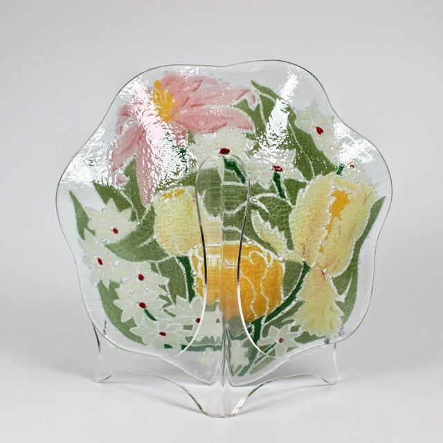 Glass Fused Art Glass Plate With Yellow Tulips and White Daisies by Peggy Karr For Sale - Image 7 of 8