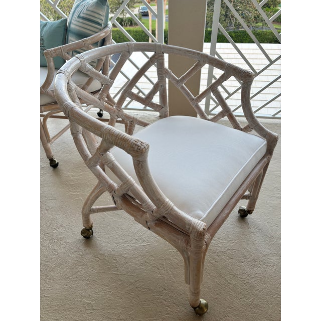 Henry Link Henry Link Dining Set. Fully Refurbished, New Upholstered Seats. Chippendale, White Washed Chairs and Table With Glass. Classic Coastal Design For Sale - Image 4 of 12