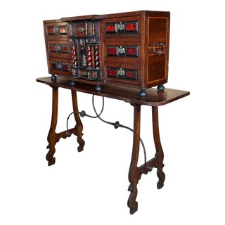 Early 19th Century Spanish Walnut Bargueño Cabinet on Stand With Iron Stretcher For Sale