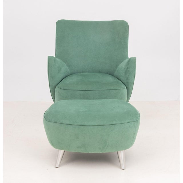 Vladimir Kagan High Back Barrel Swivel Lounge Chair and Ottoman, Model 100B, in green suede upholstery, the chair on...