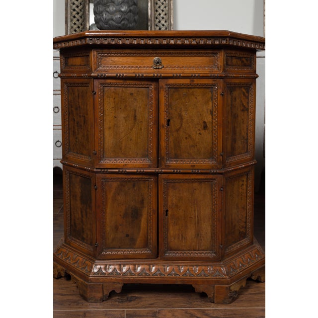 Brown Pair of 1800s Italian Carved Walnut Cabinets with Canted Sides, Drawer and Doors For Sale - Image 8 of 12