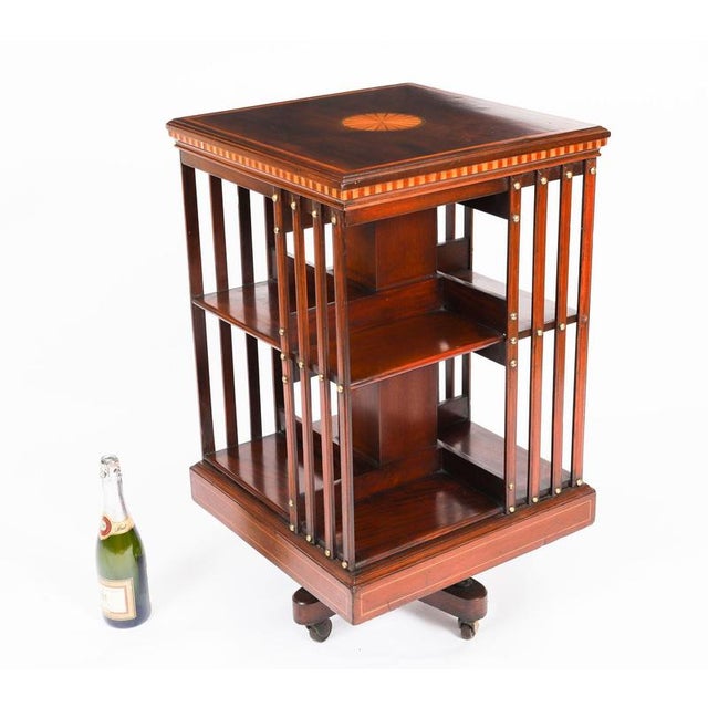 Antique 20th Century Edwardian Flame Mahogany & Inlaid Revolving Bookcase, 1890s For Sale - Image 9 of 11