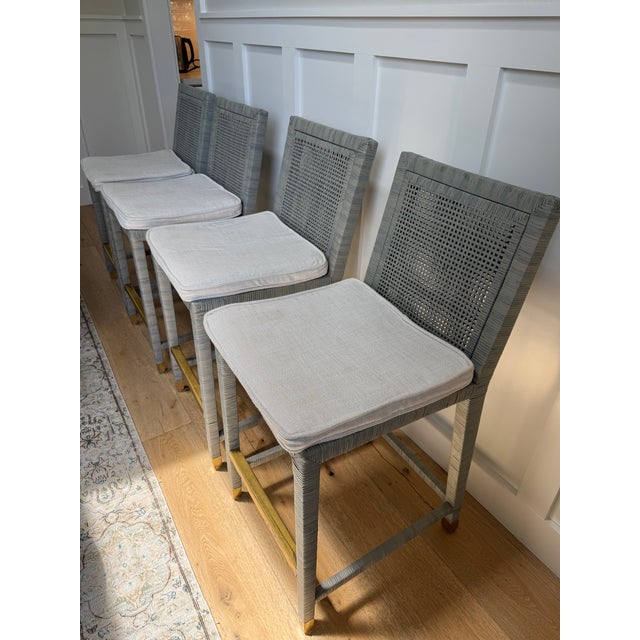 Transitional 4 Serena & Lily Balboa Rattan Counter Stools in Mist With Chalk & White Perennials Cushions For Sale - Image 3 of 11