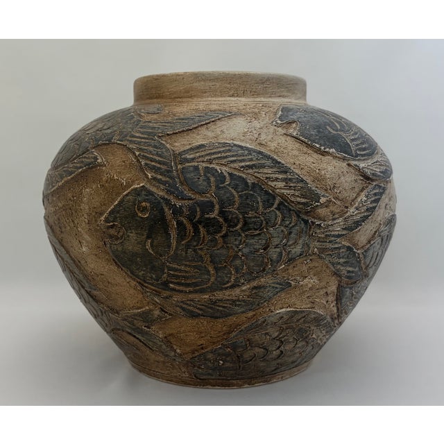 Vintage Asian-Style Ceramic Vase With Raised Relief Fish Motif For Sale In Dallas - Image 6 of 13