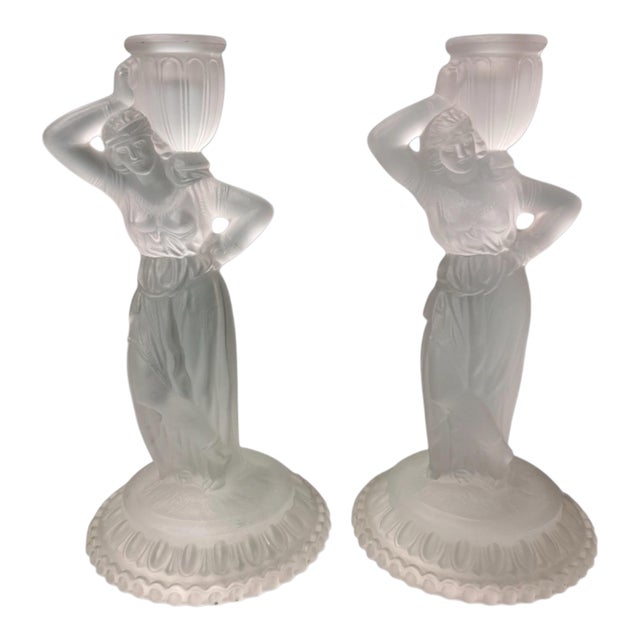 Pair Vintage Fostoria Satin Glass Figural Rebecca at the Well 10" Candlesticks For Sale