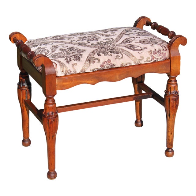 Mid-20th Century Traditional Cherry-Finish Vanity Bench With Pink & Brown Damask Upholstery For Sale